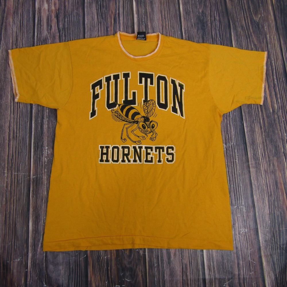 Screen Stars Best Graphic Tee Mens XL Yellow Vintage Fulton Hornets 50/50 USA‎